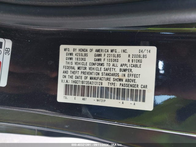 Honda ACCORD EX 2014 1HGCT1B72EA013128 Image 9
