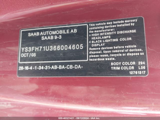 2006 SAAB 9-3 YS3FH71U366004605 Photo 8