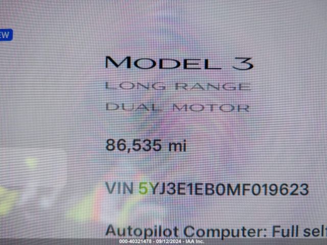 5YJ3E1EB0MF019623 Tesla Model 3 Long Range Dual Motor All-wheel Drive