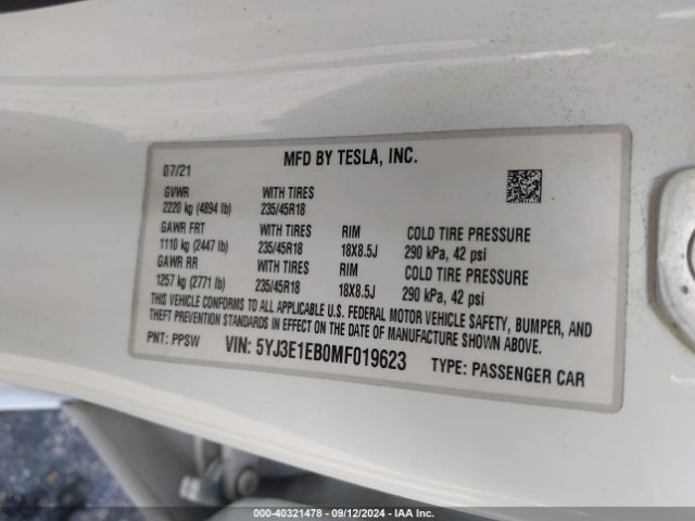 5YJ3E1EB0MF019623 Tesla Model 3 Long Range Dual Motor All-wheel Drive