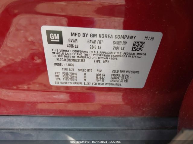 KL7CJKSB2MB331383 Chevrolet Trax Fwd Ls