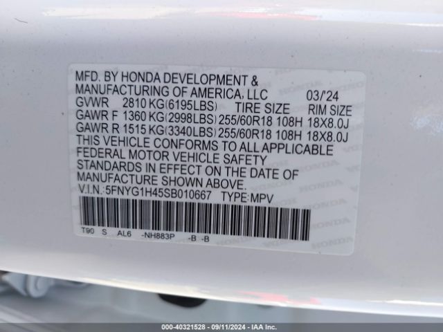 5FNYG1H45SB010667 Honda Pilot Awd Ex-l
