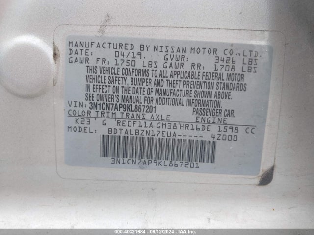 Nissan Versa 1.6 Sv 2019 3N1CN7AP9KL867201 Image 9