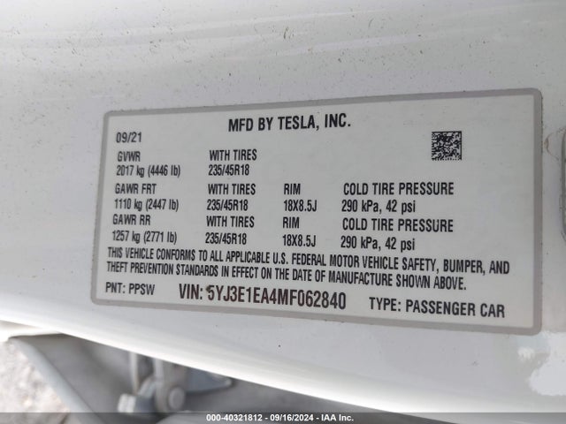 2021 TESLA MODEL 3 5YJ3E1EA4MF062840 Photo 8