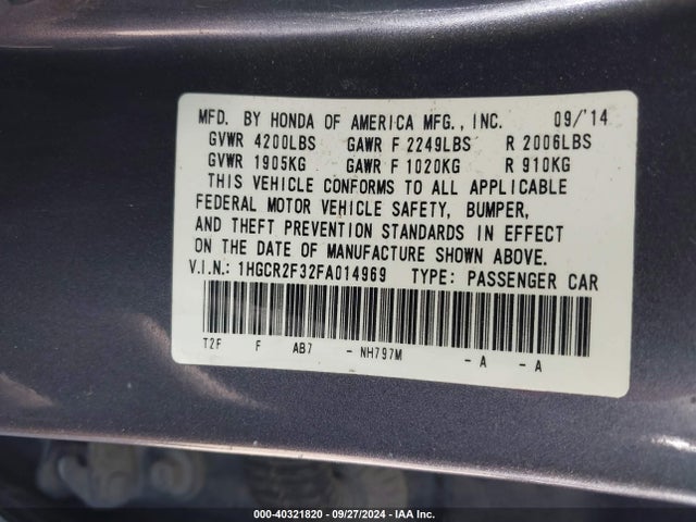 Honda ACCORD LX 2015 1HGCR2F32FA014969 Image 9