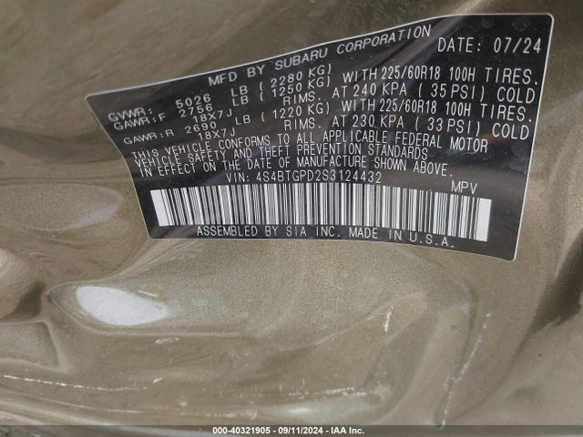 4S4BTGPD2S3124432 Subaru Outback Touring Xt