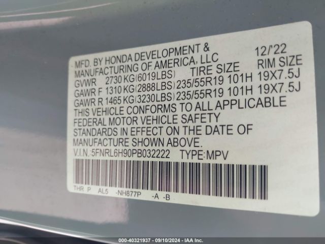 5FNRL6H90PB032222 Honda Odyssey Elite