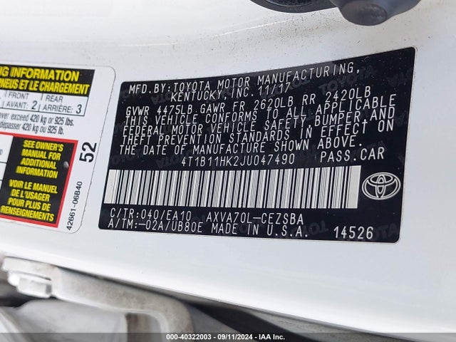 Toyota CAMRY SE 2018 4T1B11HK2JU047490 Image 9