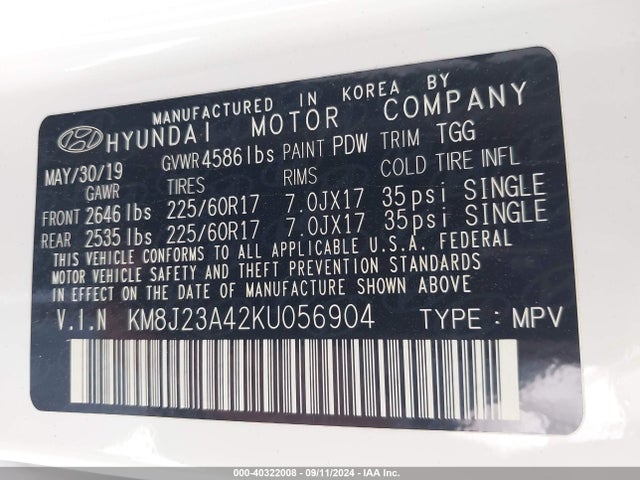 Hyundai TUCSON SE 2019 KM8J23A42KU056904 Image 9