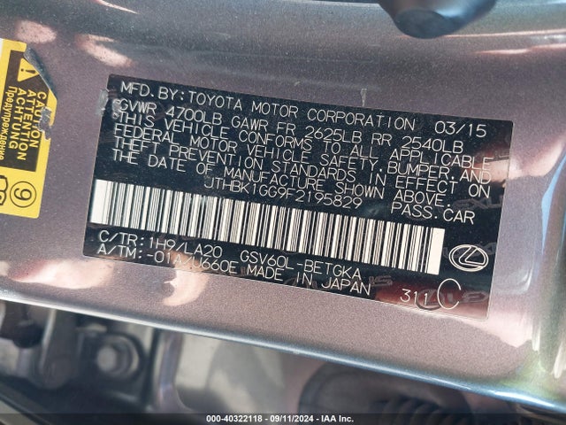 Lexus ES 350 2015 JTHBK1GG9F2195829 Image 9