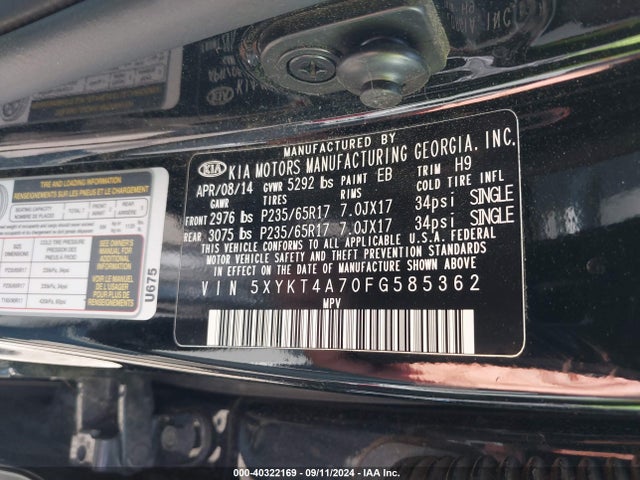 KIA Sorento Lx V6 2015 5XYKT4A70FG585362 Image 9