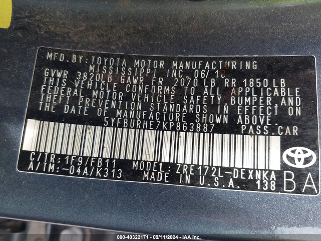 Toyota COROLLA LE 2019 5YFBURHE7KP863887 Image 9