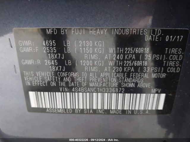 4S4BSANC1H3336872 Subaru Outback 2.5i Limited