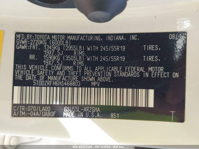Toyota Highlander Limited Platinum 2017 5TDDZRFH6HS468803 Image 9