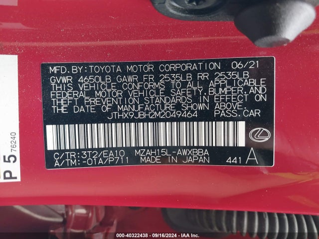 JTHX9JBH2M2049464 Lexus UX 250H