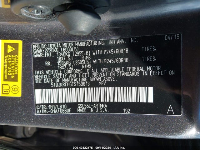 Toyota Highlander Xle V6 2015 5TDJKRFH6FS159613 Image 9