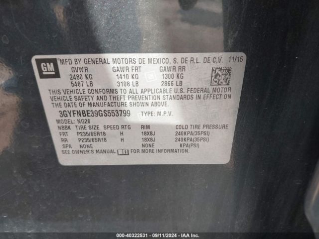 3GYFNBE39GS553799 Cadillac Srx Luxury Collection