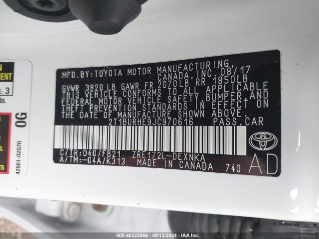 Toyota COROLLA LE 2018 2T1BURHE9JC970616 Image 9