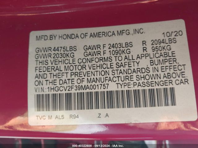 1HGCV2F39MA001757 Honda Accord Sport 2.0t