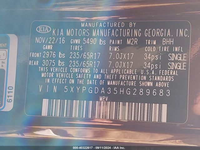 5XYPGDA35HG289683 KIA Sorento 2.4l Lx