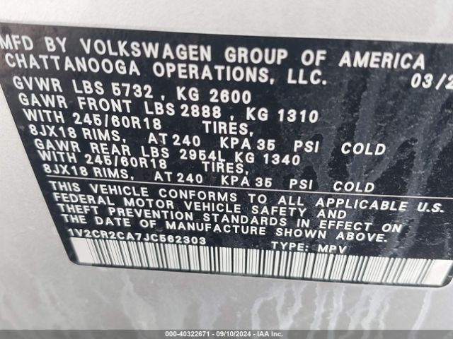 1V2CR2CA7JC562303 Volkswagen Atlas 3.6l V6 Se
