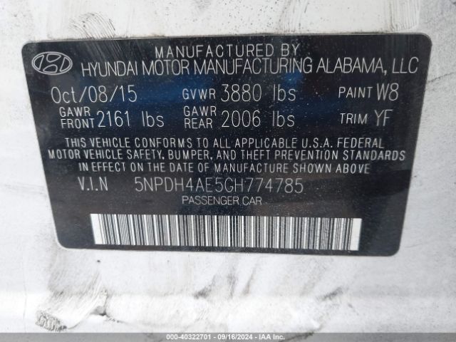5NPDH4AE5GH774785 Hyundai ELANTRA SE