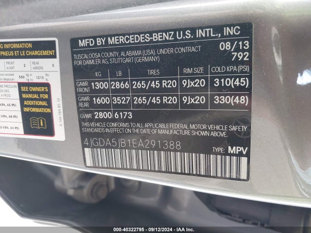 4JGDA5JB1EA291388 Mercedes-Benz ML 350