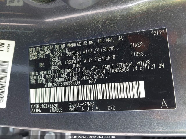 Toyota Highlander Xle 2022 5TDHZRAH5NS099999 Image 9