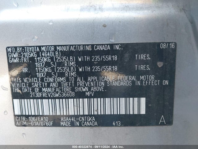 Toyota Rav4 Limited 2016 2T3DFREV2GW536608 Image 9