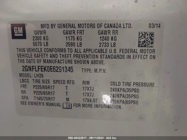Chevrolet EQUINOX 1LT 2014 2GNFLFEK0E6291345 Image 9