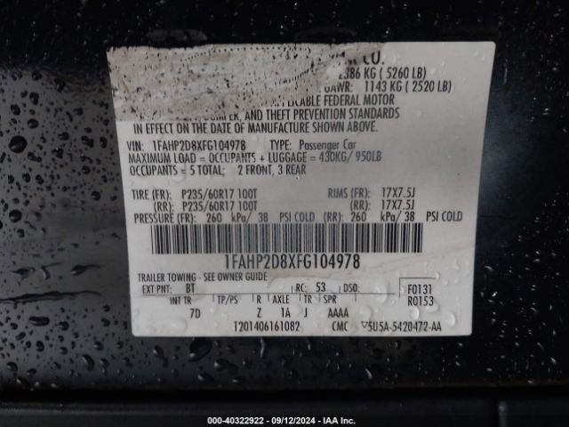 1FAHP2D8XFG104978 Ford TAURUS SE
