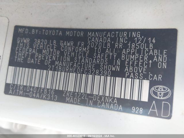 2T1BURHE0FC328390 Toyota COROLLA LE