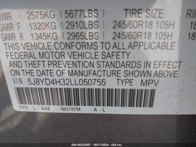 5J8YD4H32LL050755 Acura Mdx Standard