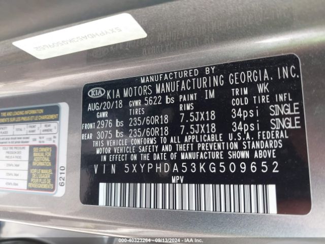 5XYPHDA53KG509652 KIA Sorento 3.3l Ex