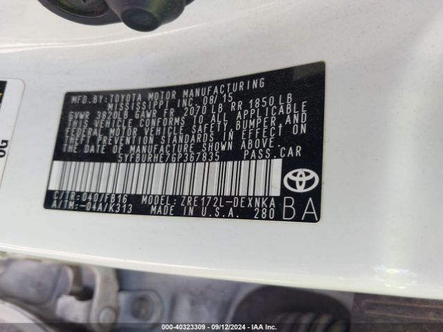 Toyota COROLLA LE 2016 5YFBURHE7GP367835 Image 9