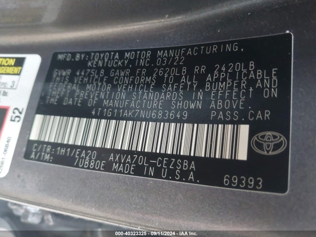 Toyota CAMRY SE 2022 4T1G11AK7NU683649 Image 9