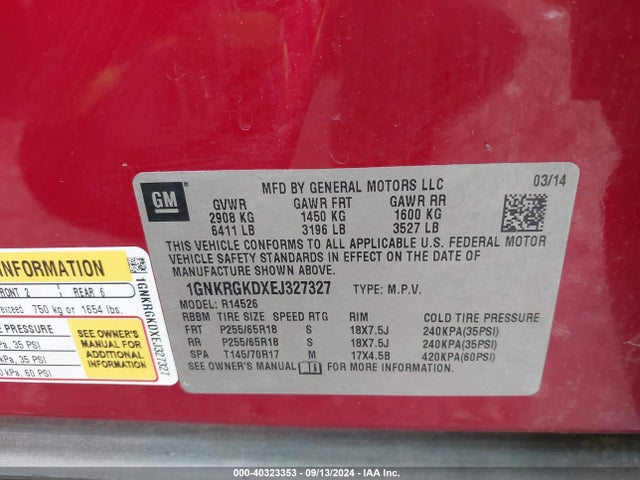 Chevrolet Traverse 1lt 2014 1GNKRGKDXEJ327327 Image 9