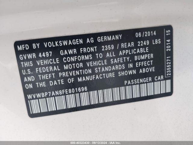 2015 VOLKSWAGEN CC WVWBP7AN8FE801696 Photo 8