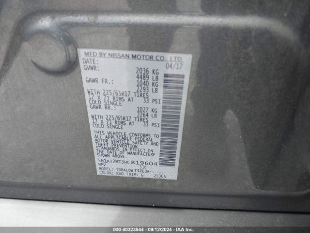 5N1AT2MT3HC819604 Nissan ROGUE SV