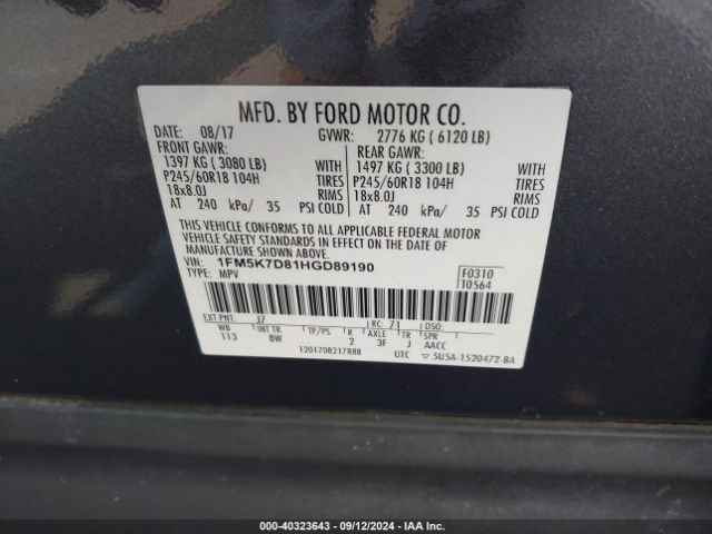 1FM5K7D81HGD89190 Ford EXPLORER XLT