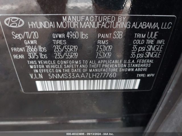 5NMS33AA7LH277760 Hyundai Santa Fe Sel 2.0t