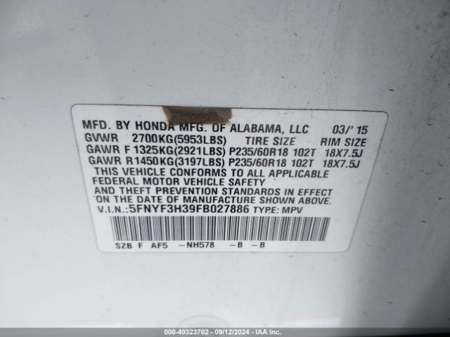 5FNYF3H39FB027886 Honda PILOT SE