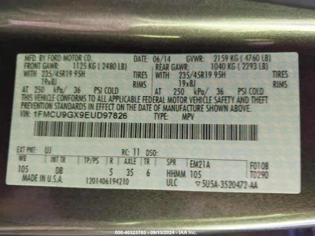 Ford ESCAPE SE 2014 1FMCU9GX9EUD97826 Image 9