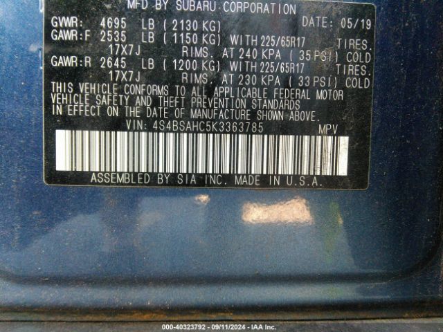 4S4BSAHC5K3363785 Subaru Outback 2.5i Premium