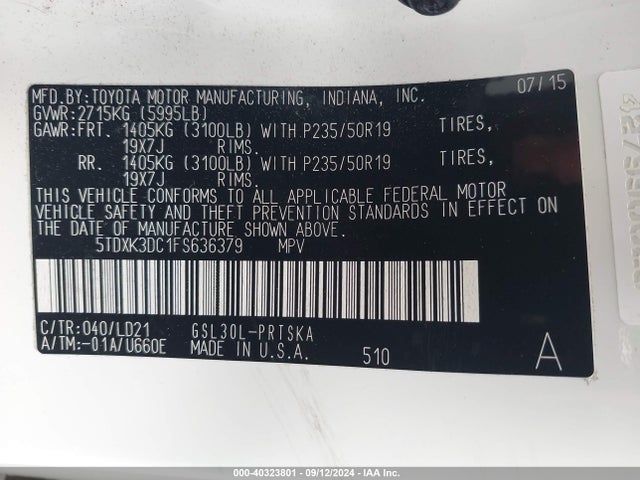 5TDXK3DC1FS636379 Toyota Sienna Se Premium 8 Passenger