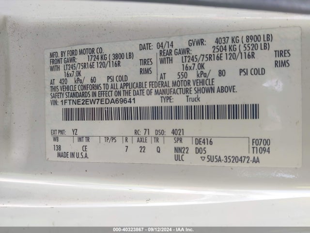 Ford E-250 Commercial 2014 1FTNE2EW7EDA69641 Image 9
