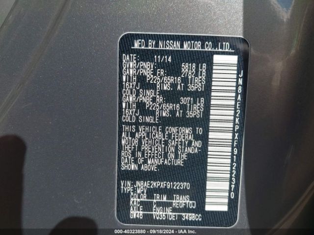JN8AE2KPXF9122370 Nissan Quest Sv