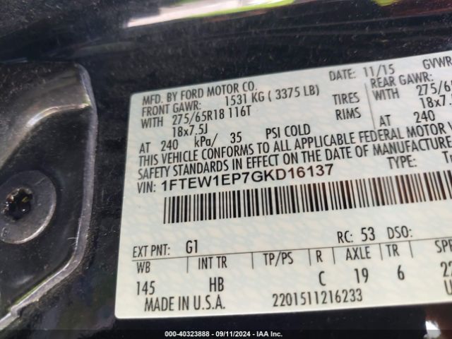 1FTEW1EP7GKD16137 Ford F-150 Lariat