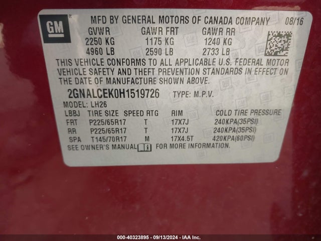 Chevrolet EQUINOX LT 2017 2GNALCEK0H1519726 Image 9