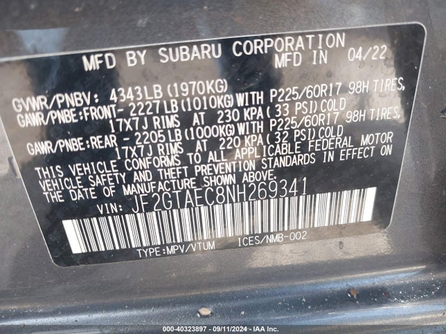 Subaru Crosstrek Premium 2022 JF2GTAEC8NH269341 Image 9